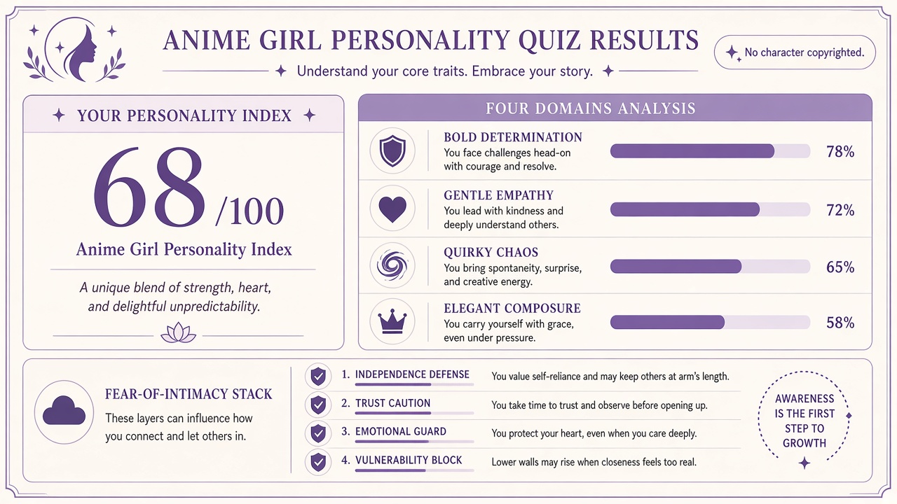 Anime girl personality quiz report with vibe index, domain bars, and intimacy stack on The Quiz Hub