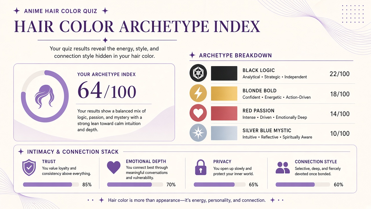 Anime hair color quiz report with vibe index, domain bars, and intimacy stack on The Quiz Hub