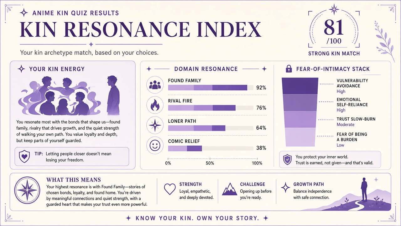 Anime kin quiz report with vibe index, domain bars, and intimacy stack on The Quiz Hub