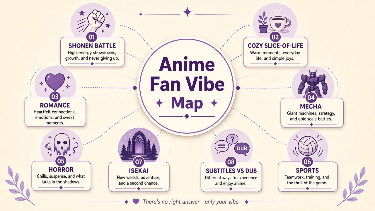 Anime personality test diagram with eight genre vibe icons around a fan engagement map