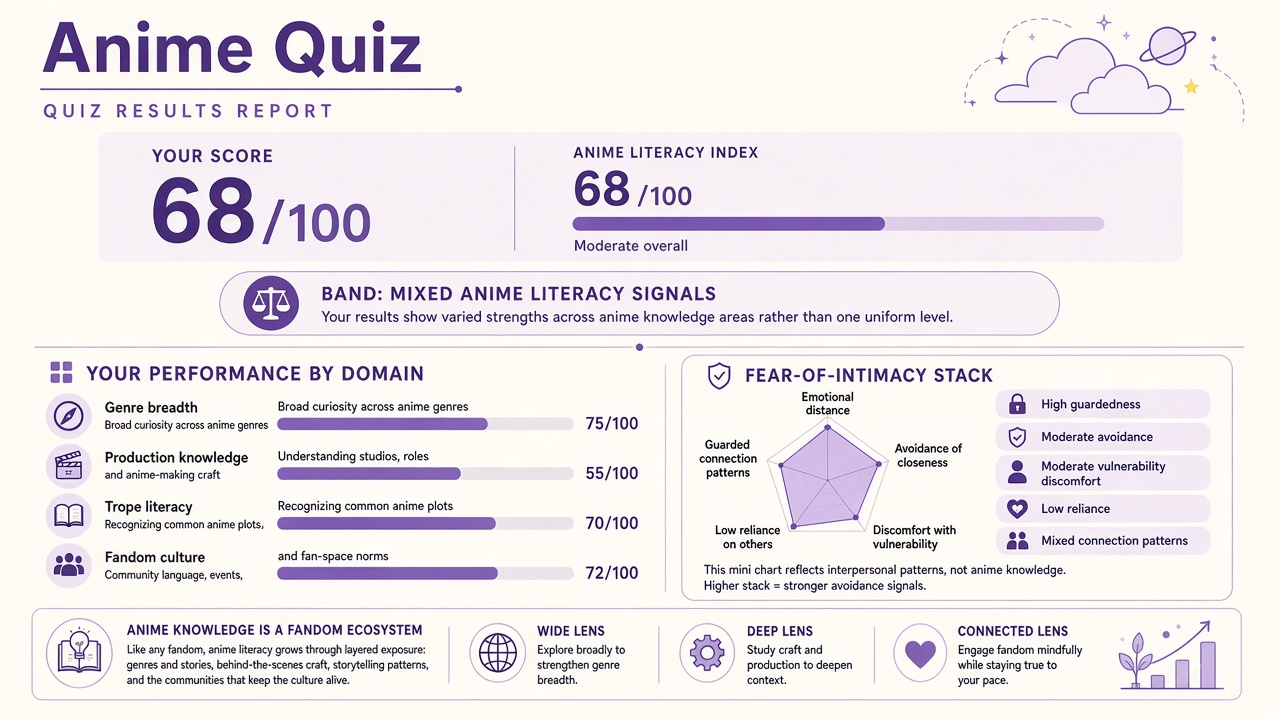 Anime quiz report with literacy index and domain bars on The Quiz Hub