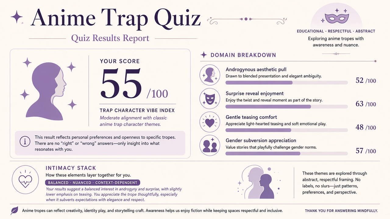 Anime trap quiz report with character vibe index and domain bars on The Quiz Hub