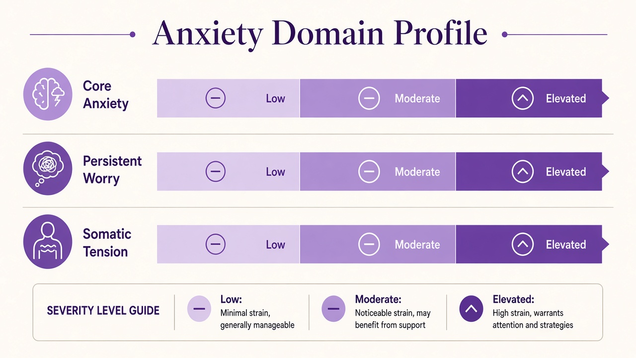 Anxiety screening diagram with core anxiety, persistent worry, and somatic tension domain bars for The Quiz Hub results