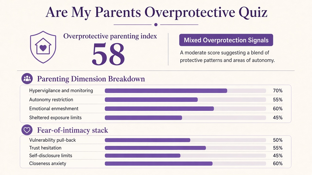 Overprotective parents quiz report with index 58, domain bars, and fear-of-intimacy stack on The Quiz Hub
