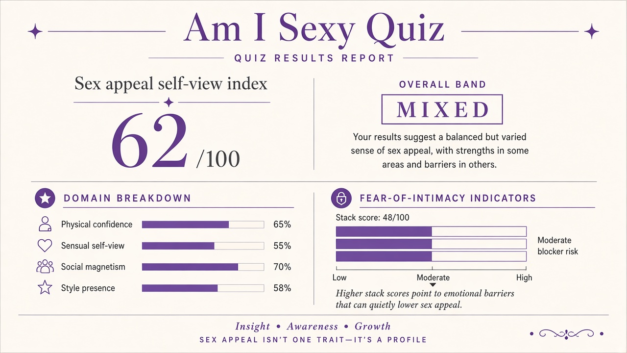 Appearance Concern quiz report with index score, domain bars, and stack on The Quiz Hub