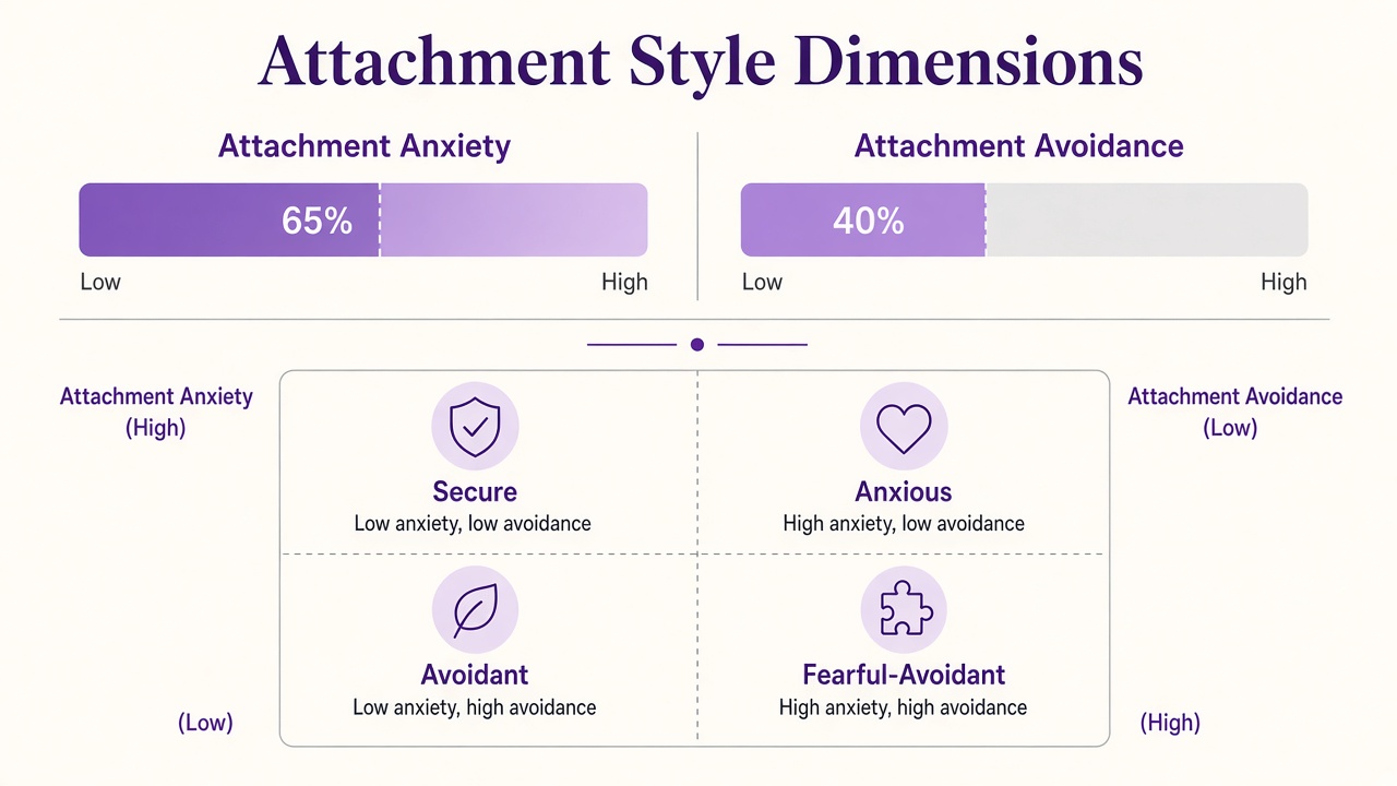 Attachment style test diagram with anxiety and avoidance dimension bars and four-style quadrant on The Quiz Hub