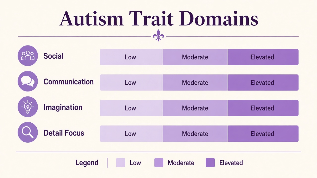 Autism trait screener with four AQ-inspired domains and low moderate elevated result bands