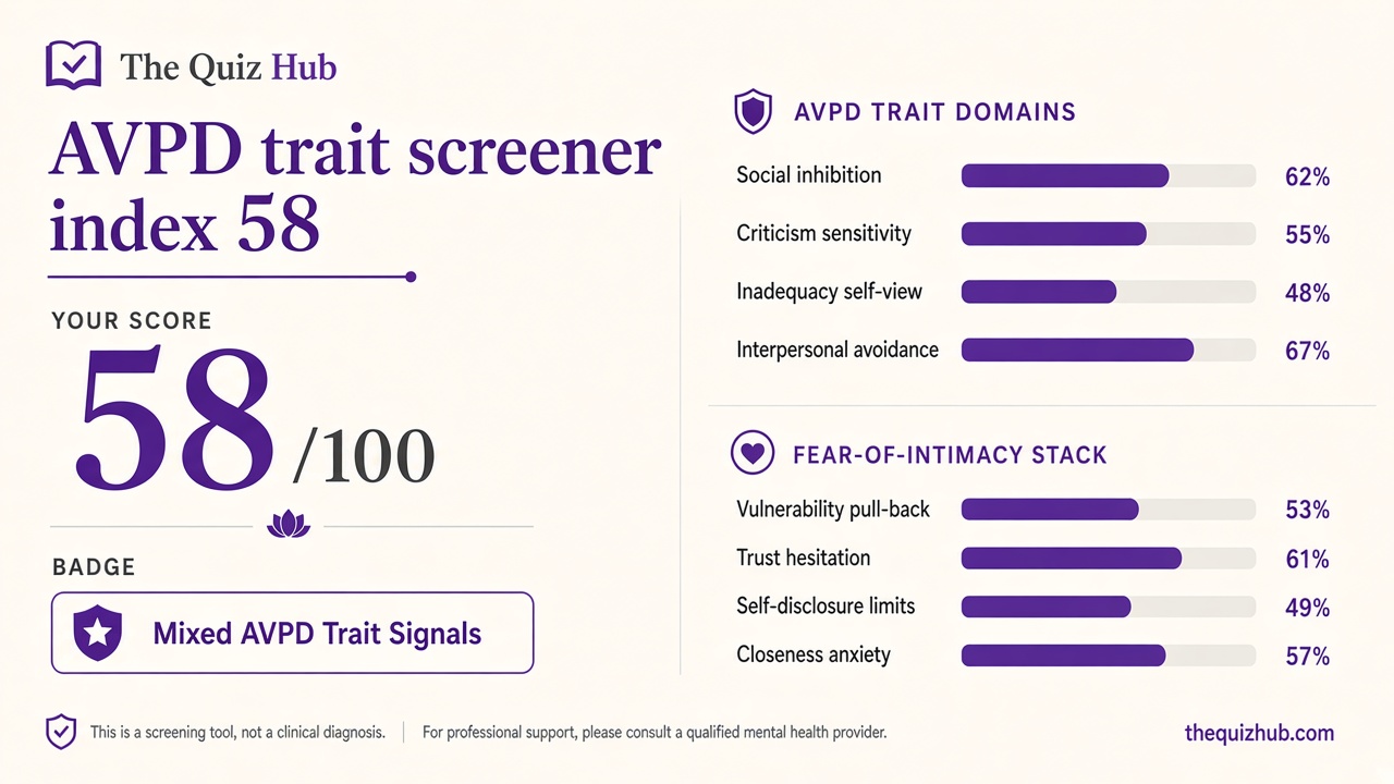 AVPD test report with screener index 58, trait domain bars, and intimacy stack chart