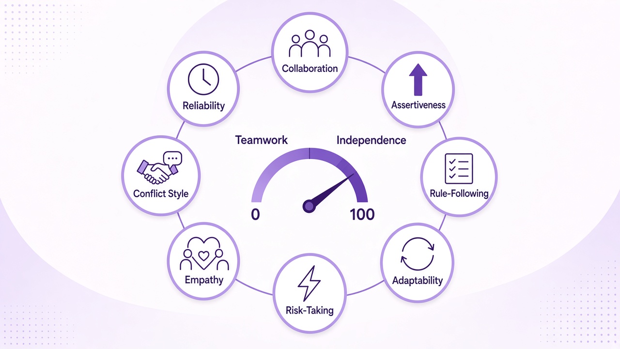 Behavioral test diagram with eight workplace domains, trait poles, and reflection index gauge in purple