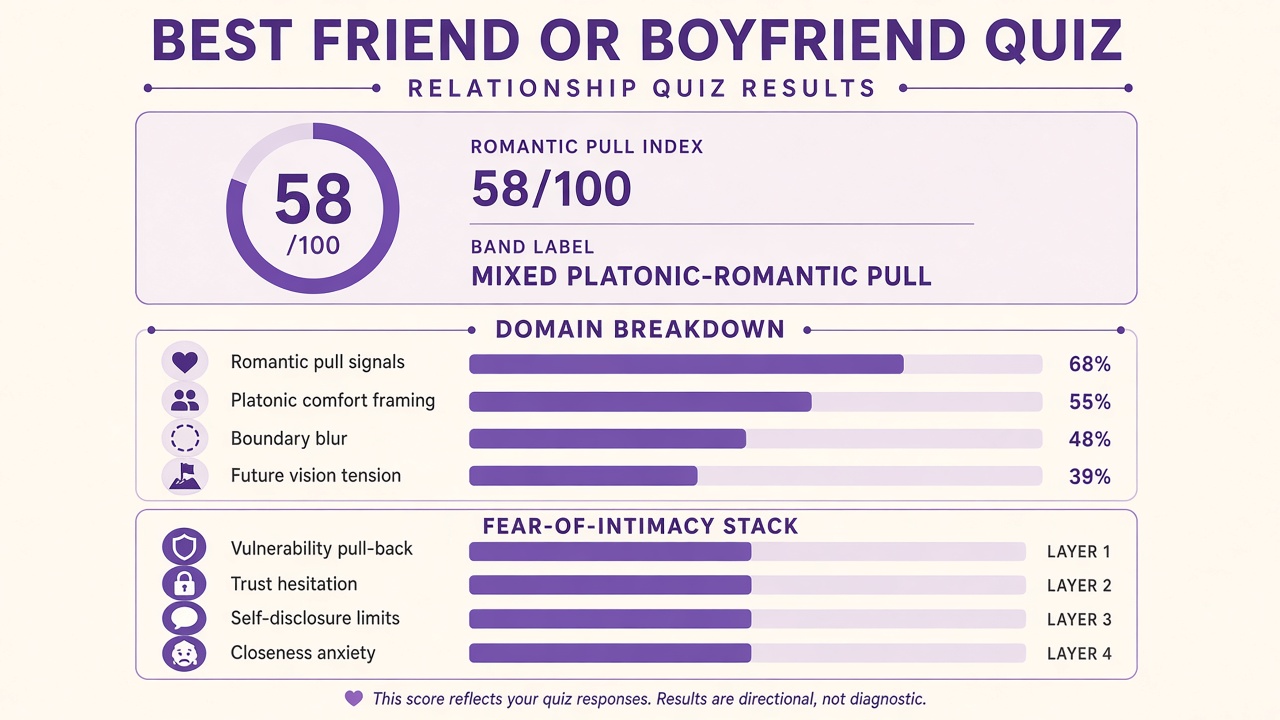 Friendship Challenge quiz report with index score, domain bars, and stack on The Quiz Hub