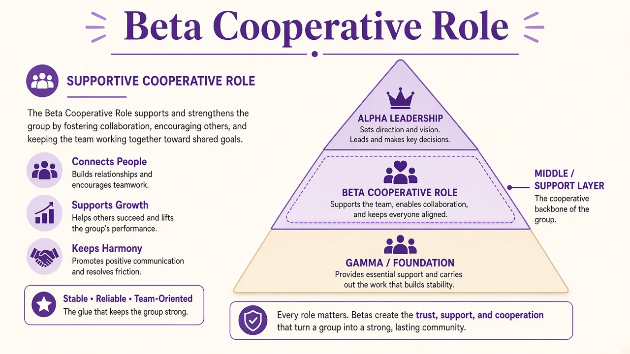 Beta male social hierarchy pyramid diagram showing cooperative support inside the structure with purple The Quiz Hub styling