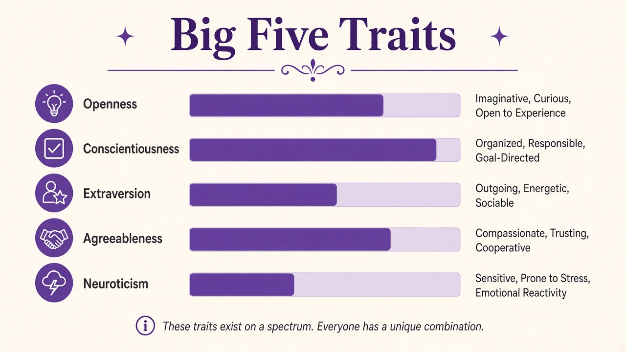 Big Five OCEAN trait bars diagram showing openness, conscientiousness, extraversion, agreeableness, and neuroticism