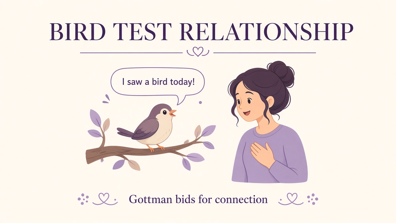 Bird test relationship quiz report with Higher Turning-Toward Pattern band, bid index 72, four domain bars on The Quiz Hub