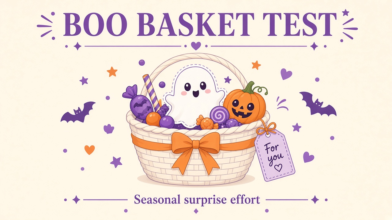 Boo Basket Test report with Mixed Ritual Pattern band, gift-effort index, and five seasonal gift domain bars