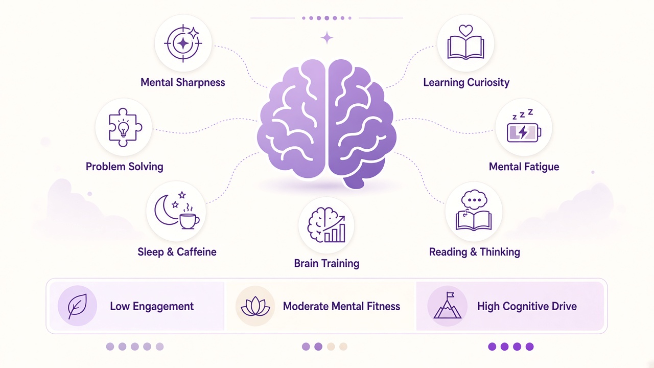 Brain engagement index diagram with seven cognitive habit domains and three result bands in purple