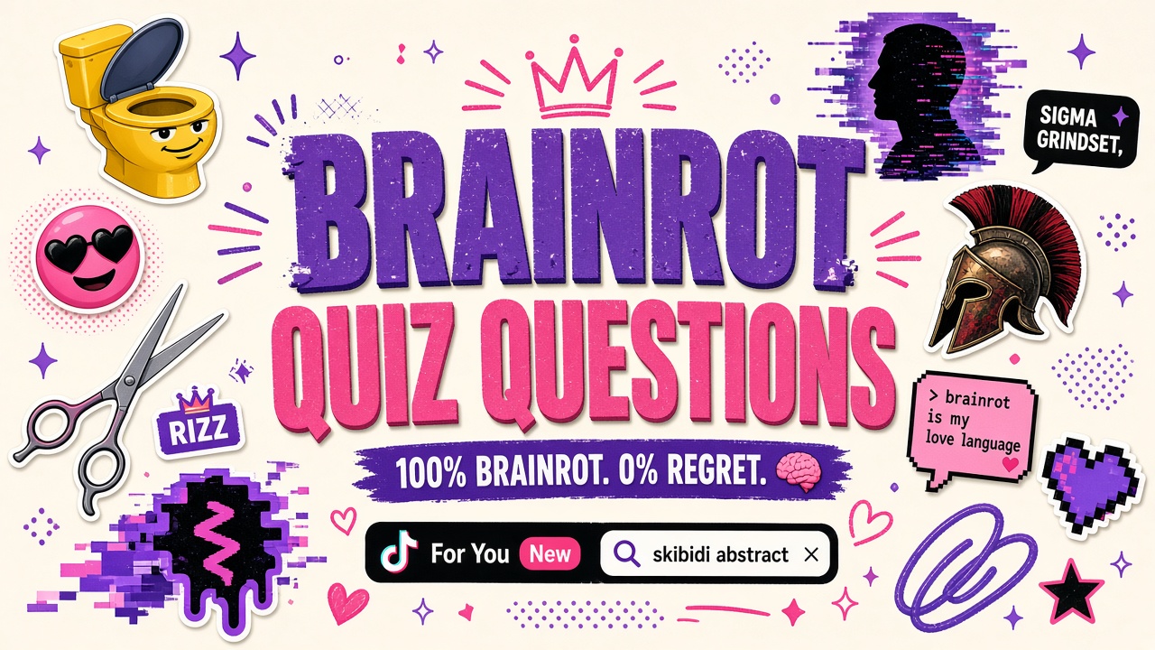 Brainrot quiz questions sample report with eight meme persona mini-panels and chaos index bars on The Quiz Hub