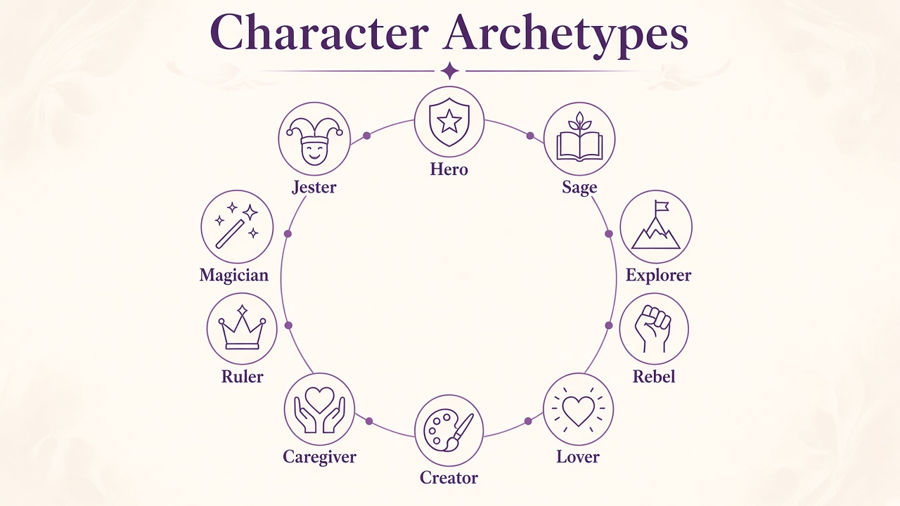 Ten character archetype icons in a circle diagram for the character personality test