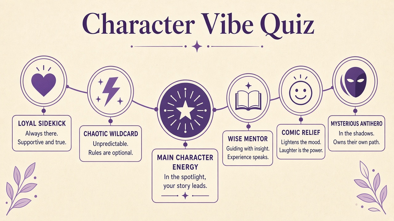 Character quiz diagram showing six story vibe types from main character energy to mysterious antihero