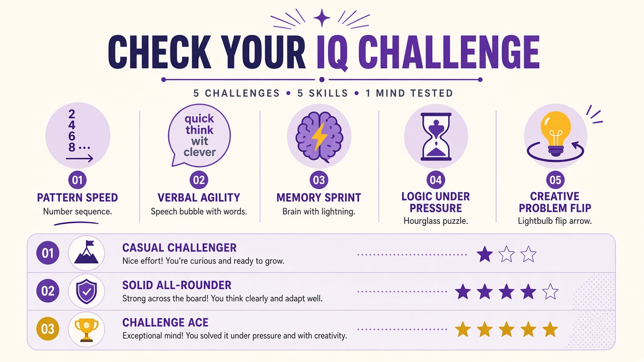 Check your IQ challenge diagram with five challenge domains and three result bands in purple on cream