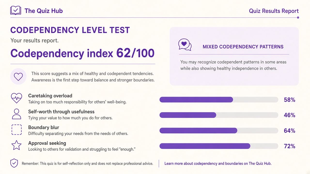 Codependency level test report with Mixed Codependency Patterns band, index 62, four domain bars on The Quiz Hub