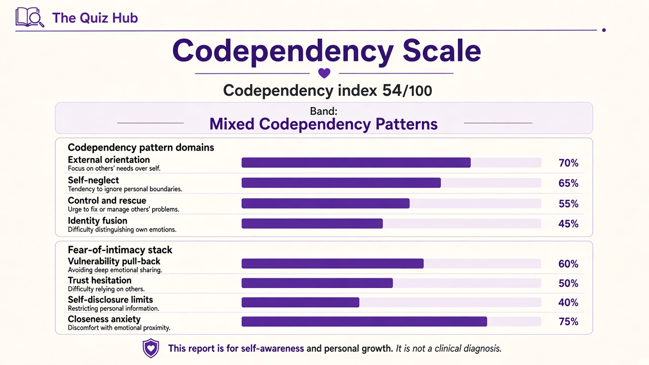 Codependency scale report with Mixed band, codependency index 54, four domain bars and fear-of-intimacy stack on The Quiz Hub