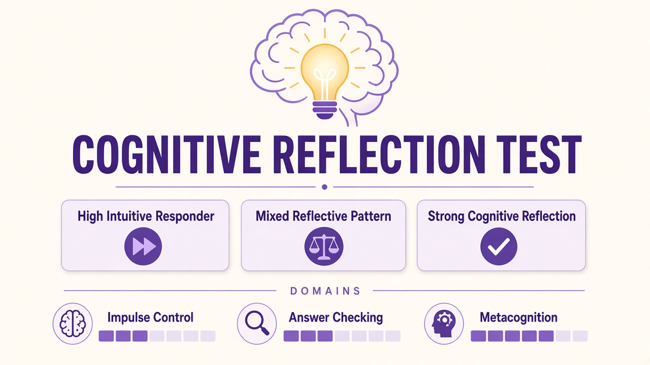 Cognitive reflection test diagram with brain, lightbulb, three reflection domains, and three result bands in purple