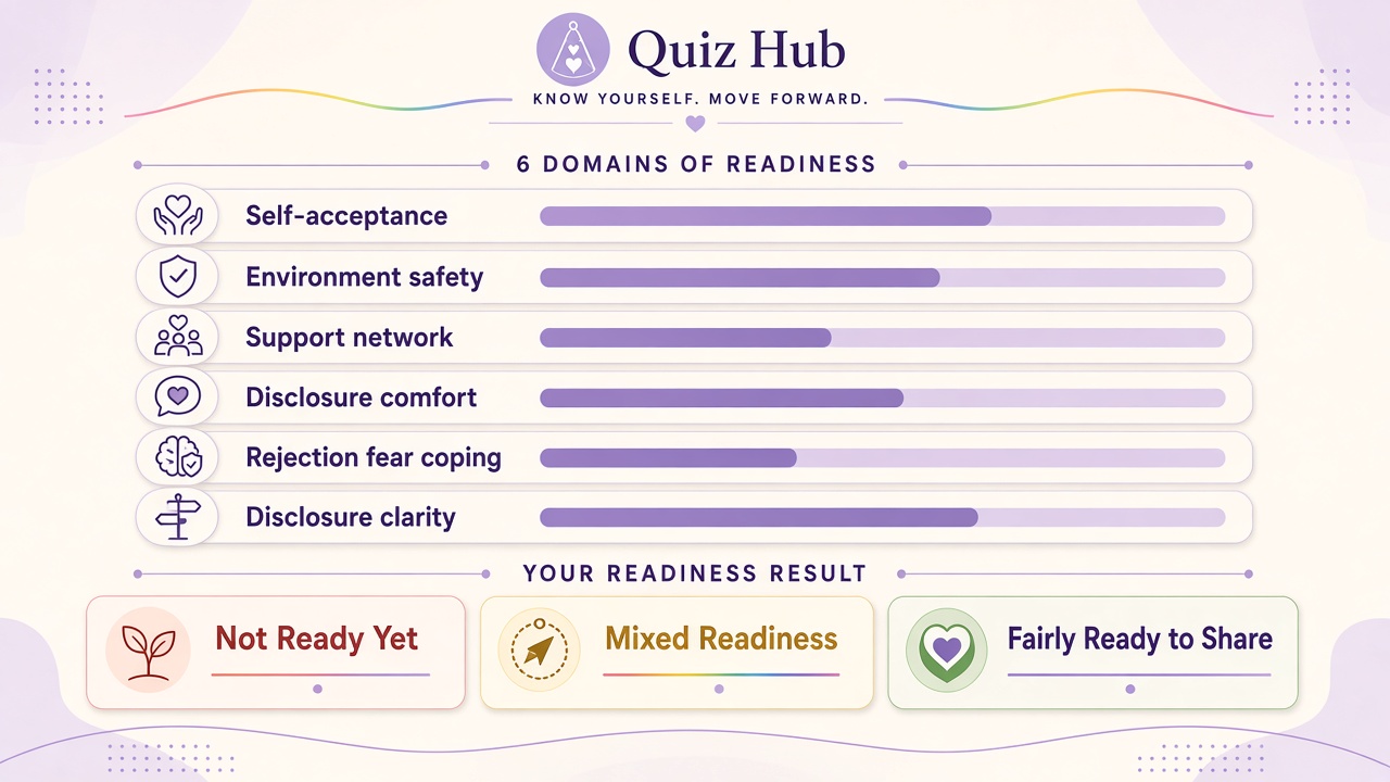 Coming out quiz diagram with six readiness domain bars and three reflection bands for The Quiz Hub results