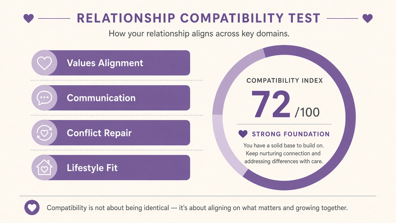 Compatibility test diagram with values, communication, conflict repair, and lifestyle fit domain bars