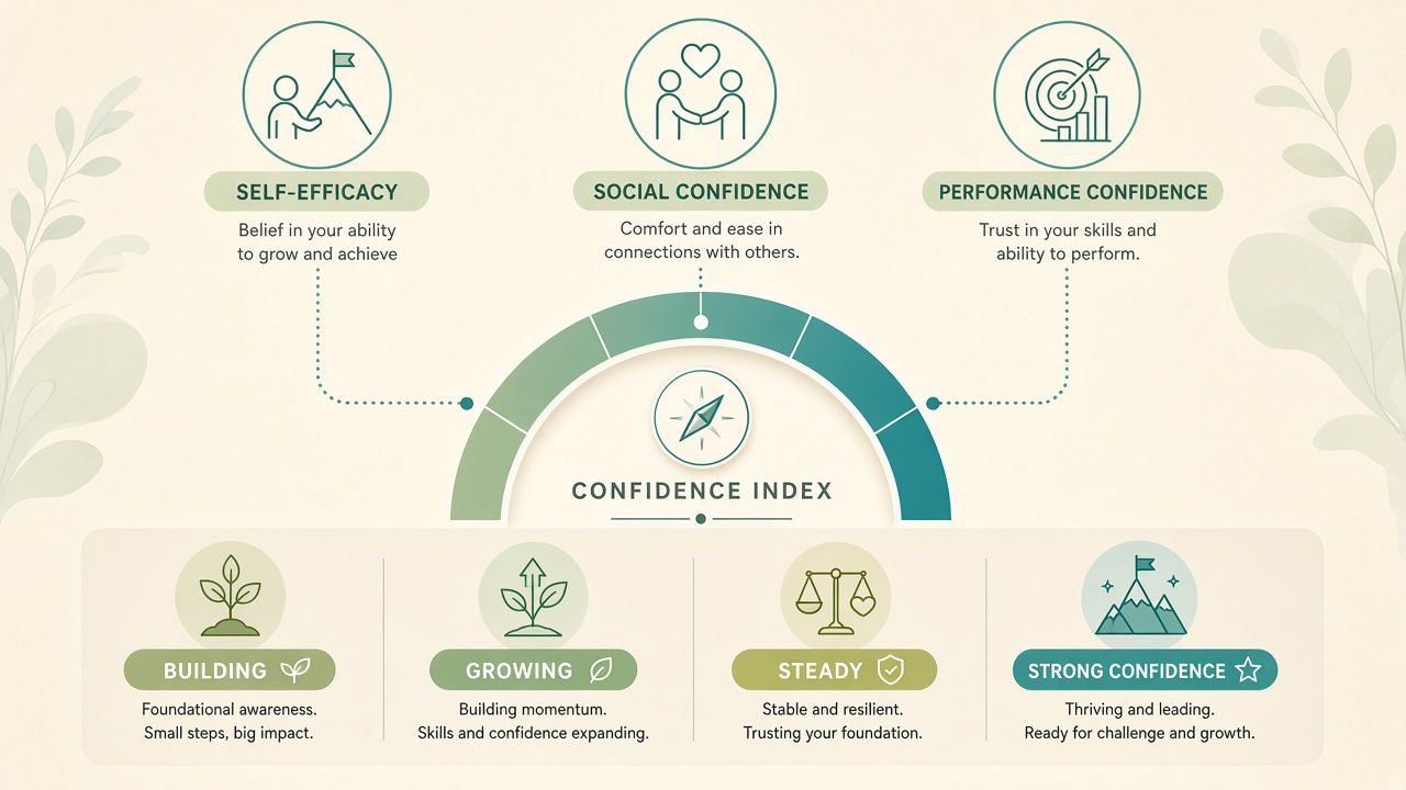 Confidence diagram with self-efficacy, social confidence, and performance confidence domains and four growth bands in teal