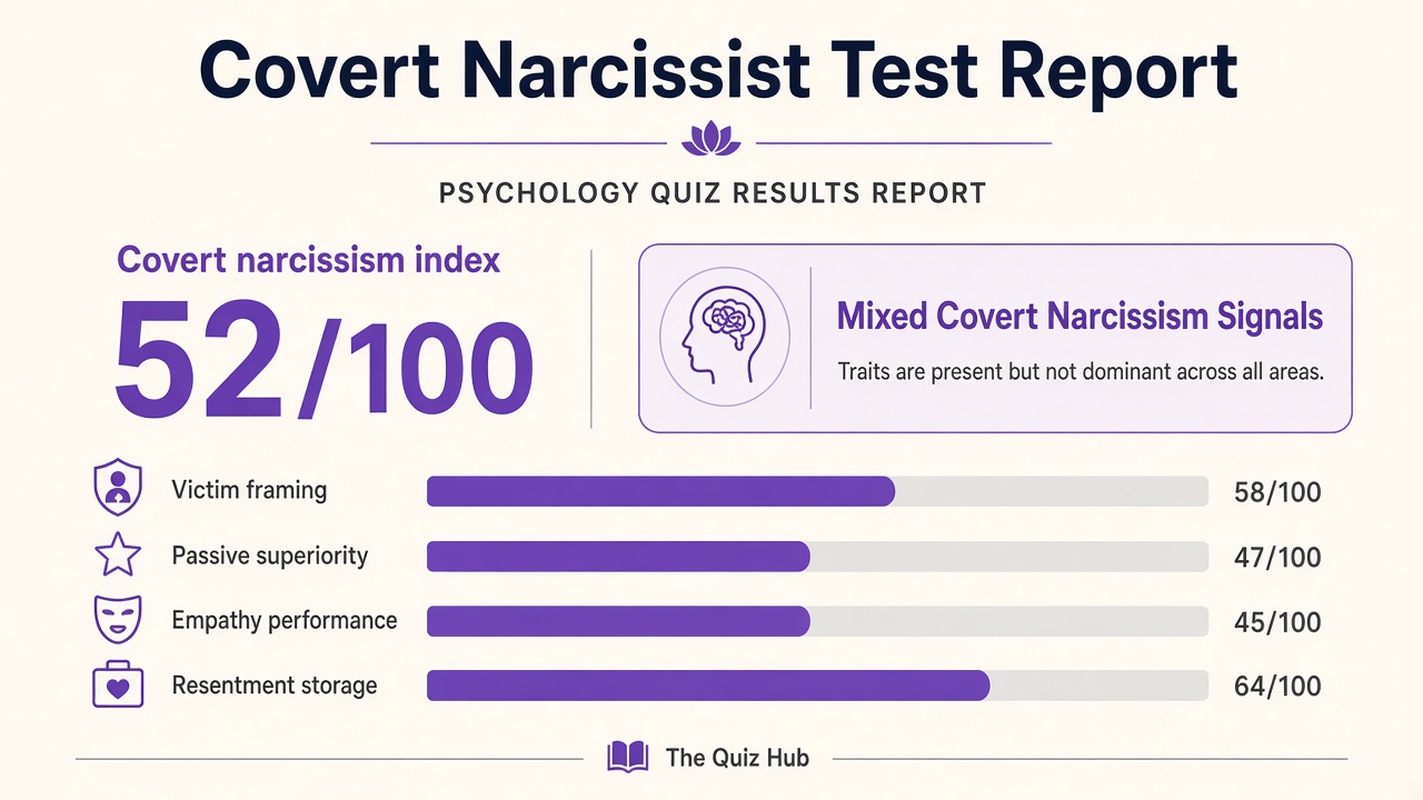 Covert narcissist test report with Mixed band, covert narcissism index 52, four domain bars on The Quiz Hub