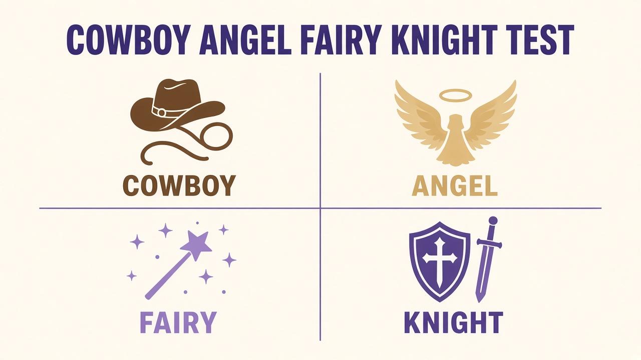 Cowboy angel fairy knight test hero with four quadrant archetype icons and title on The Quiz Hub