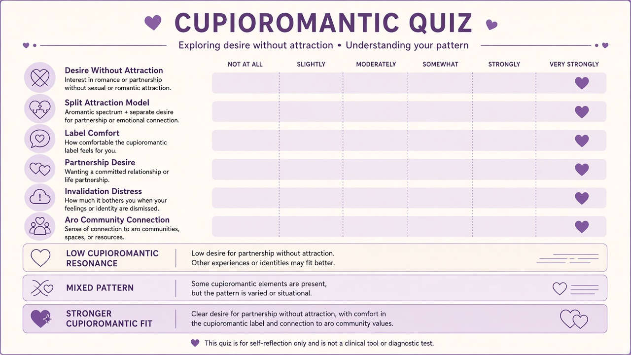 Cupioromantic meaning quiz diagram with six domain bars for partnership desire without romantic attraction on The Quiz Hub