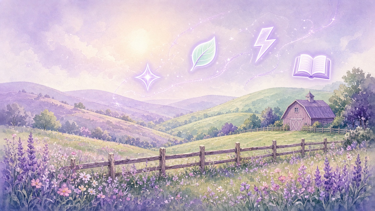 Cutie mark quiz hero with pastel magical farm hills and glowing abstract talent symbols