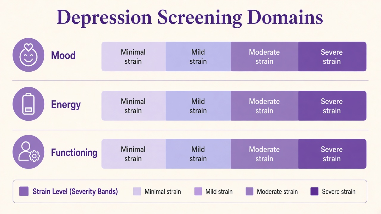 Depression screening diagram with mood energy and functioning domain bars for The Quiz Hub results