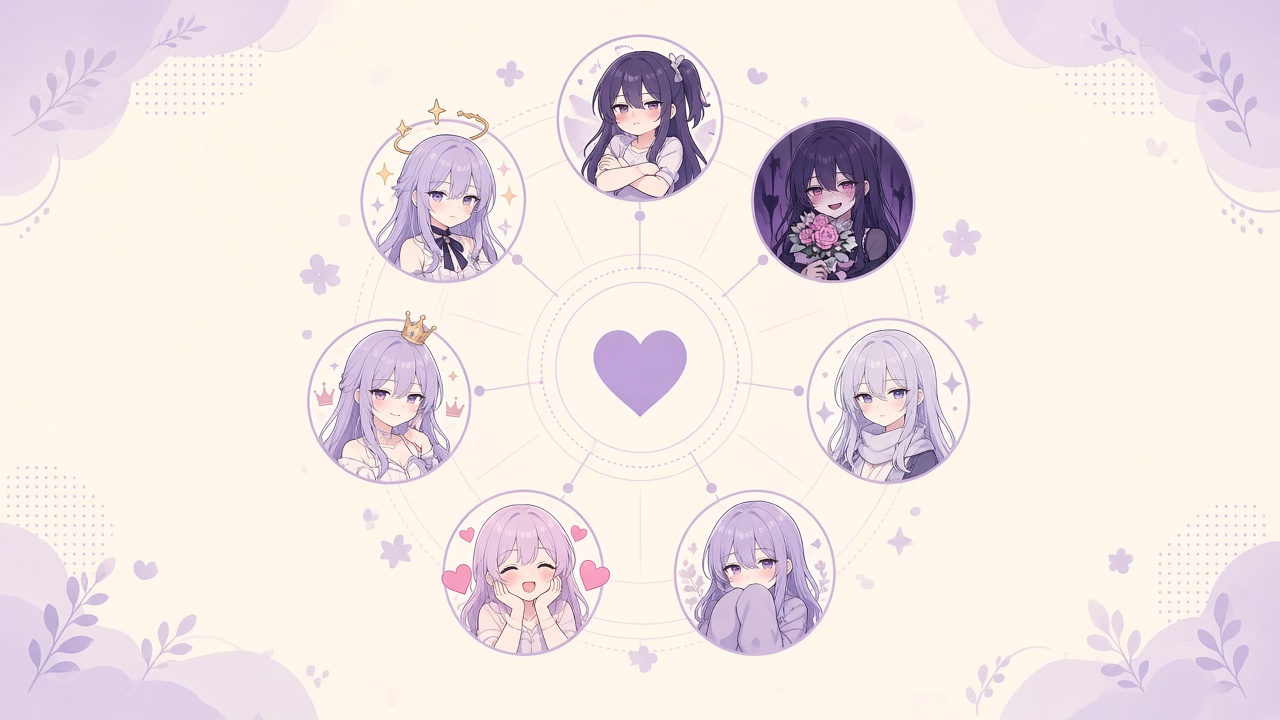 Dere type quiz diagram with seven anime romance archetype icons around a heart map