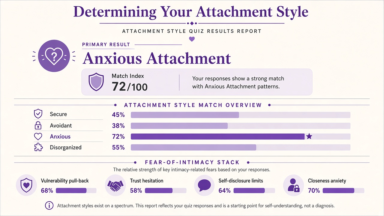 Attachment style quiz report with Anxious Attachment match 72, four style bars, and intimacy stack on The Quiz Hub