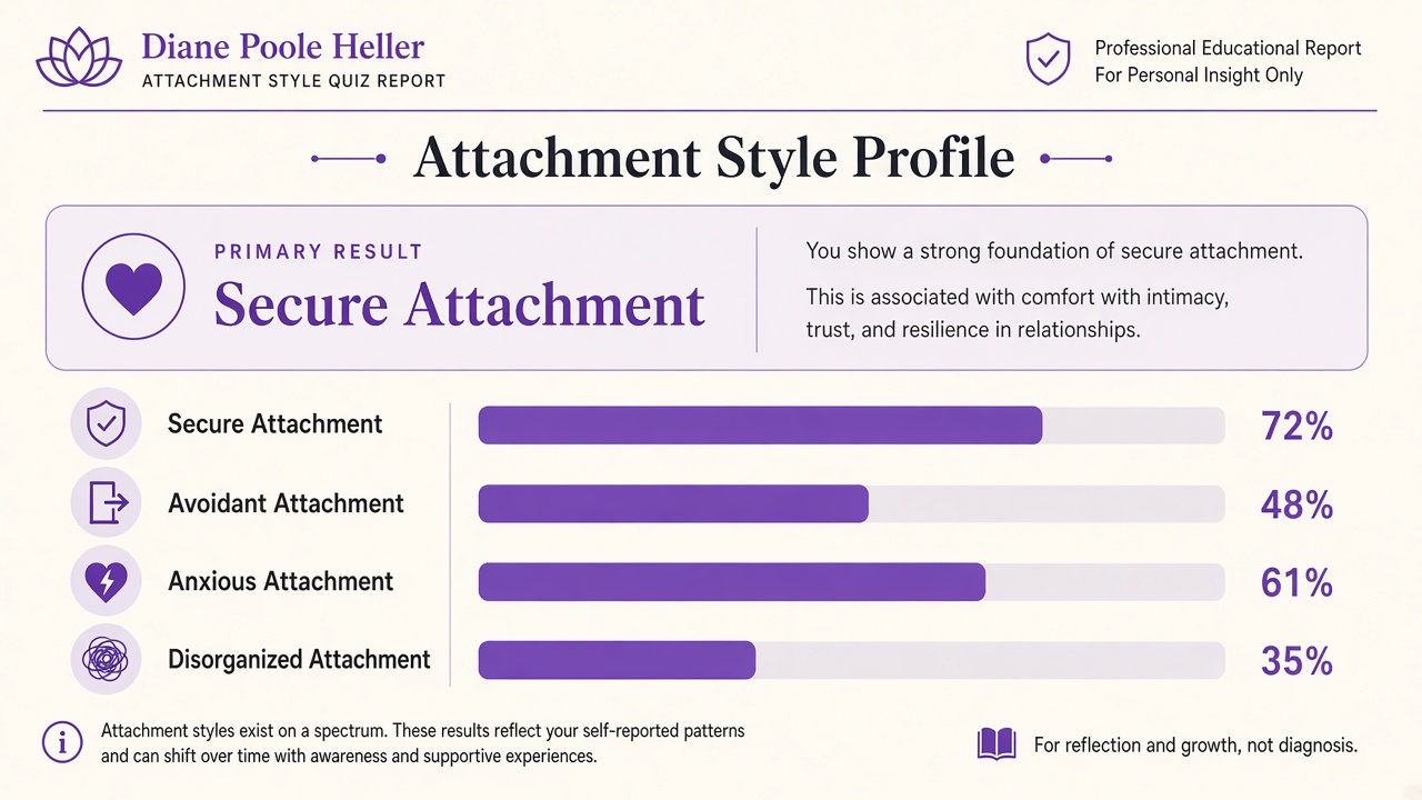 Diane Poole Heller attachment quiz report with secure, avoidant, anxious, and disorganized bars on The Quiz Hub