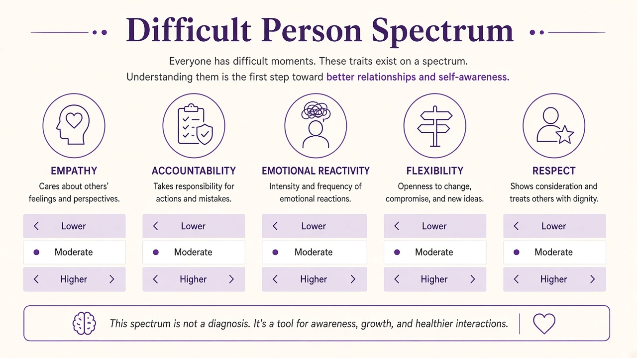 Difficult person spectrum diagram with five trait circles and lower, moderate, and higher profile bands in purple