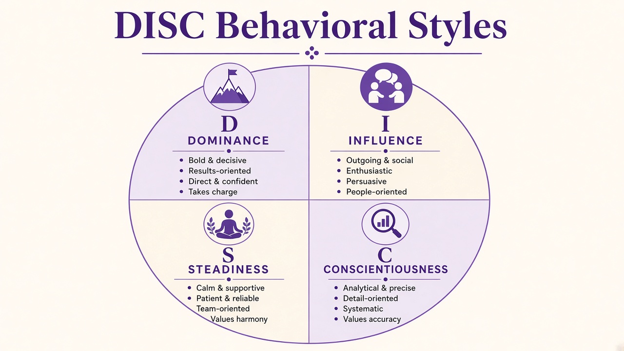 DISC four-quadrant diagram showing Dominance, Influence, Steadiness, and Conscientiousness behavioral styles
