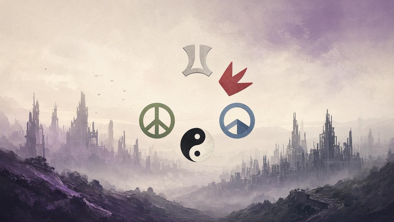 Divergent faction quiz hero with cream and purple dystopian city mood, five abstract faction symbols, no character likenesses