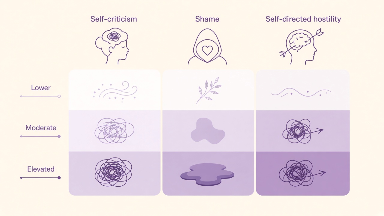Self-directed hostility diagram with self-criticism, shame, and hostility domains and three reflection bands in purple
