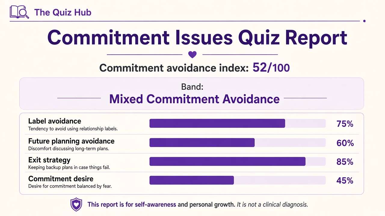Commitment issues quiz report with Mixed band, avoidance index 52, four domain bars on The Quiz Hub