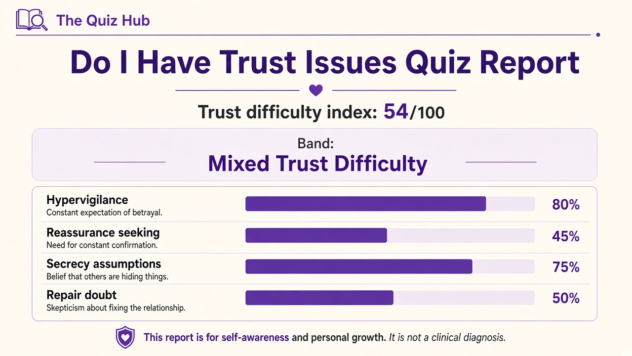Do I have trust issues quiz report with Mixed band, trust difficulty index 54, four domain bars on The Quiz Hub