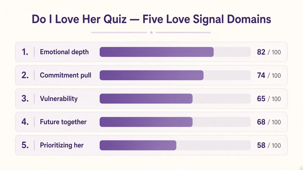 Do I love her quiz diagram with five love signal domain bars for The Quiz Hub results