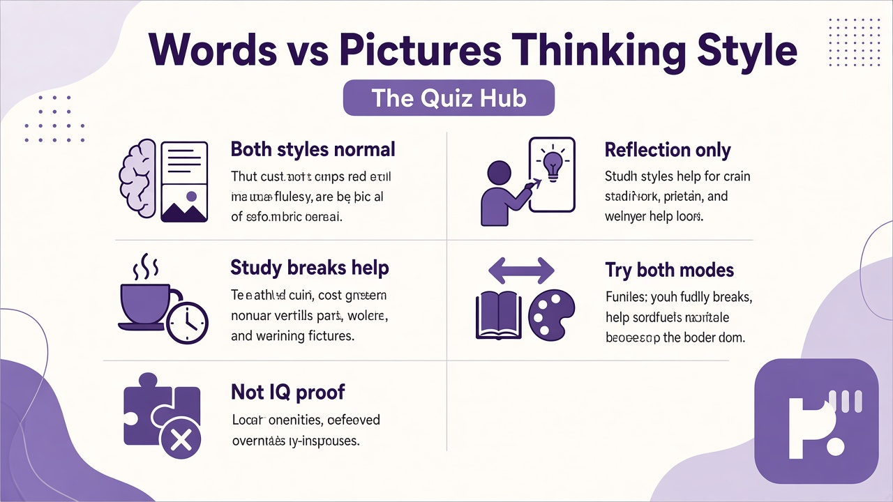 Thinking style tips: words vs pictures both normal, study breaks help, not IQ proof, reflection only