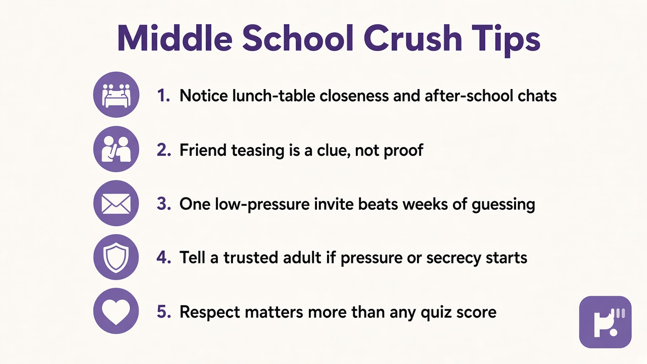 Middle school crush tips on lunch closeness, friend clues, safe invites, adult help, and respect
