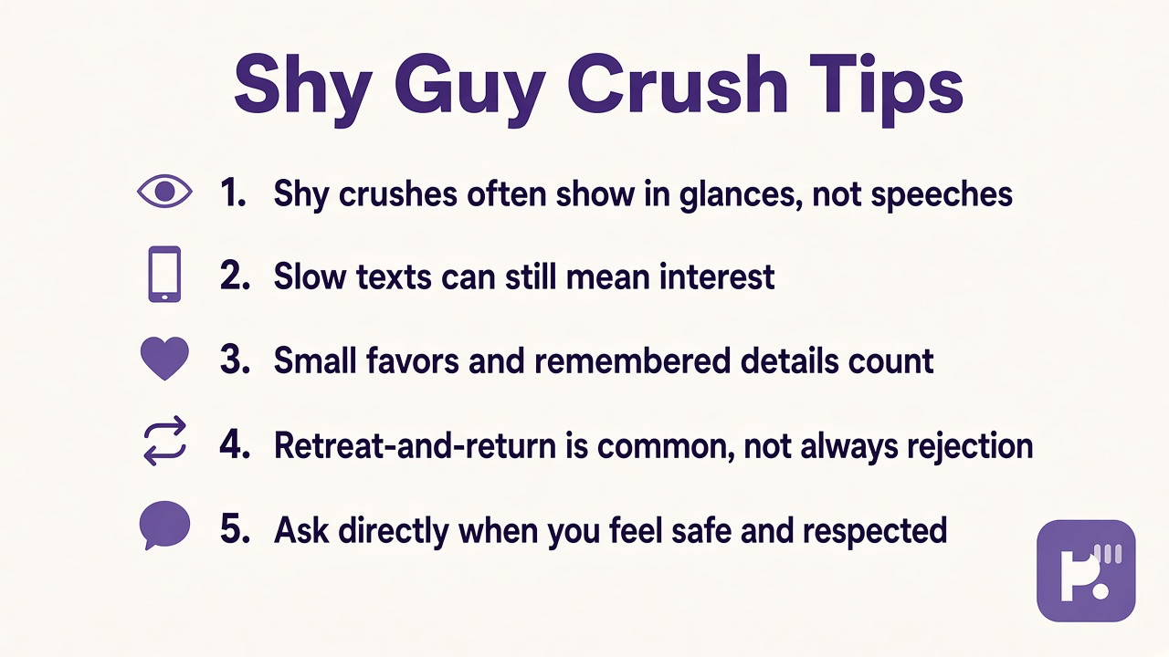 Shy guy crush tips on glances, slow texts, small favors, retreat patterns, and asking safely