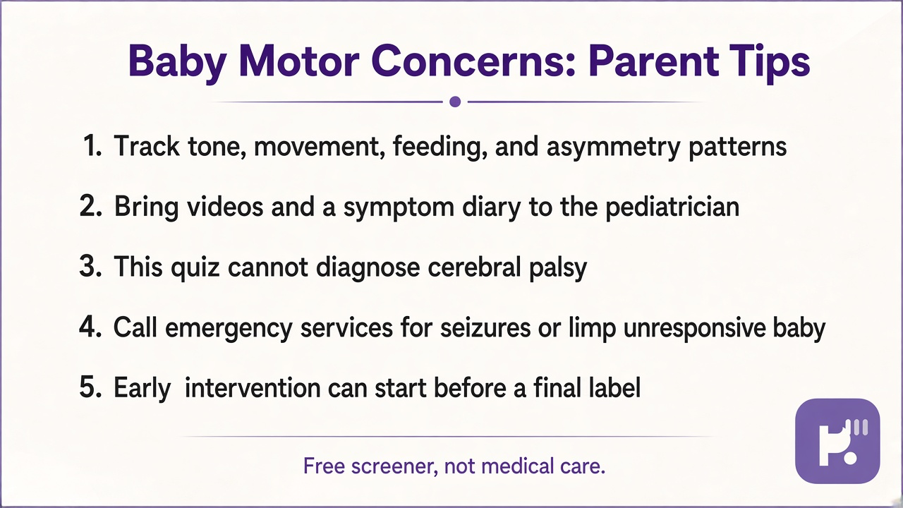 Infant motor concern tips for parents on patterns, pediatric visits, limits, emergencies, early help