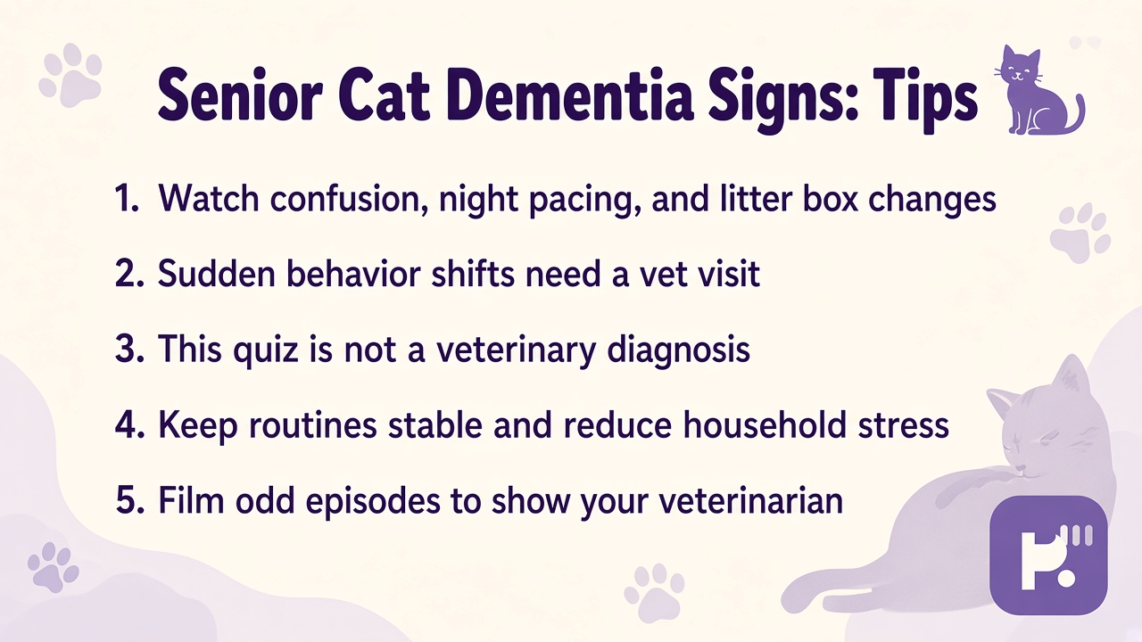 Senior cat dementia tips on confusion signs, vet visits, stable routines, filming episodes, and limits
