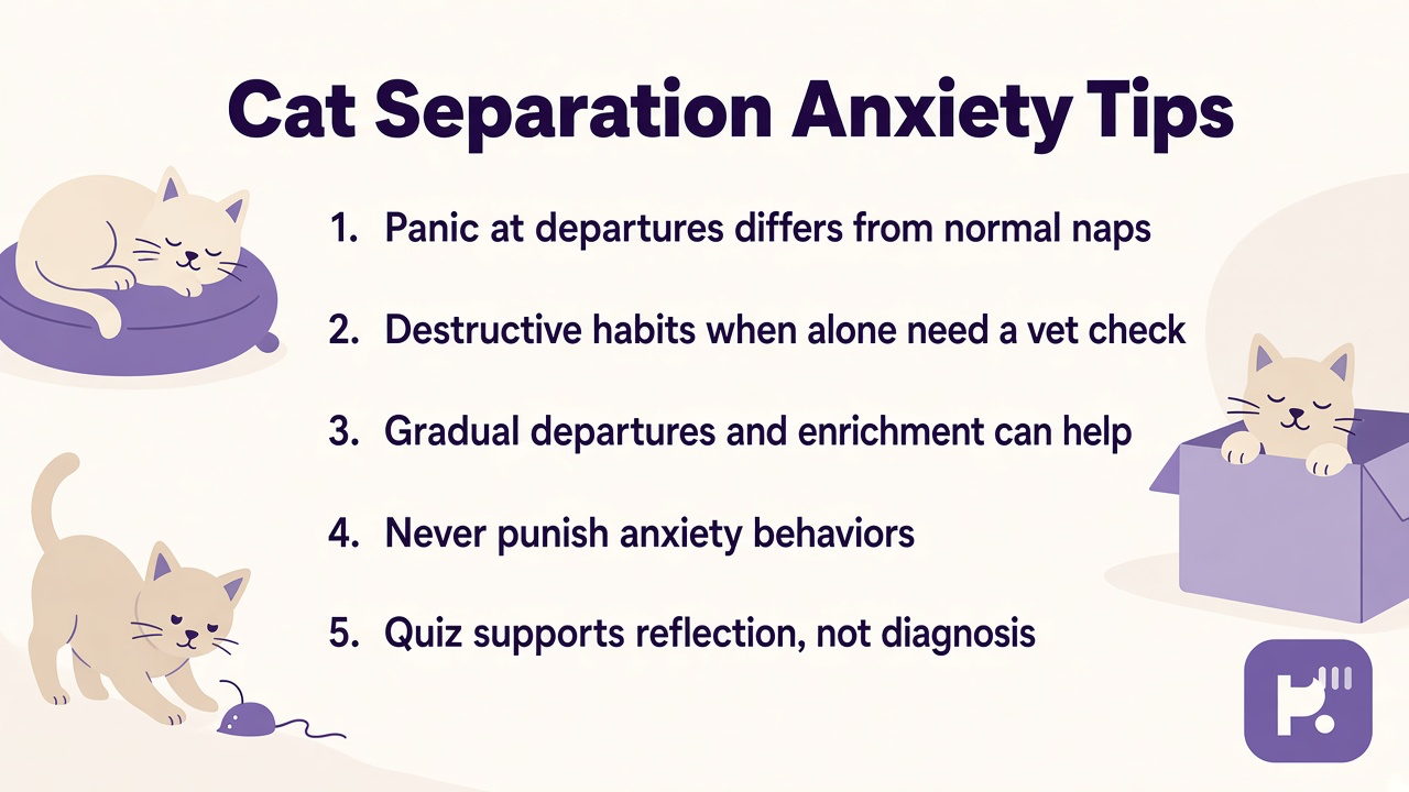 Cat separation anxiety tips on departures, vet checks, enrichment, no punishment, and quiz limits